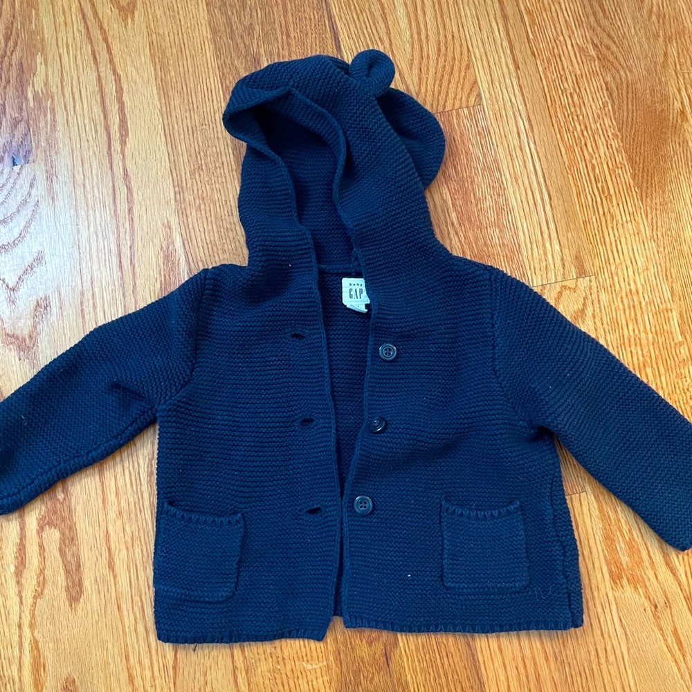 Baby Gap Navy Blue Teddy Bear Sweater Hoodie Jacket Sz 6-12 Months